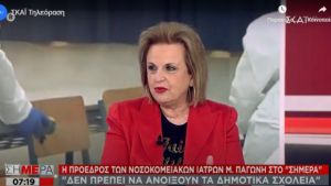 Παγώνη στον ΣΚΑΪ: Δεν πρέπει να ανοίξουν τα δημοτικά σχολεία