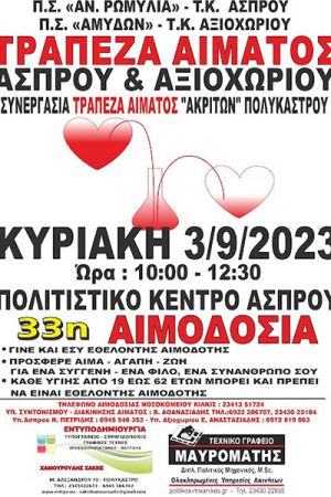 33η Εθελοντική Αιμοδοσία στο Πολιτιστικό κέντρο του Άσπρου την Κυριακή 3 Σεπτεμβρίου