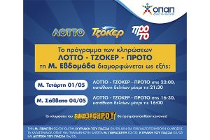 Πώς διαμορφώνεται το ωράριο λειτουργίας των καταστημάτων ΟΠΑΠ τη Μ. Εβδομάδα και το Πάσχα – Τι αλλάζει στις κληρώσεις ΤΖΟΚΕΡ, ΛΟΤΤΟ και ΠΡΟΤΟ