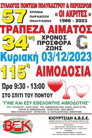 Την Κυριακή 3/12 η 115η εθελοντική αιμοδοσία των «Ακριτών» Πολυκάστρου