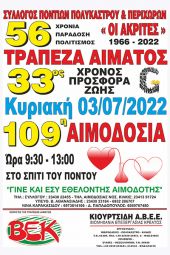 Η 109η Αιμοδοσία των "Ακριτών" Πολυκάστρου την Κυριακή 3 Ιουλίου