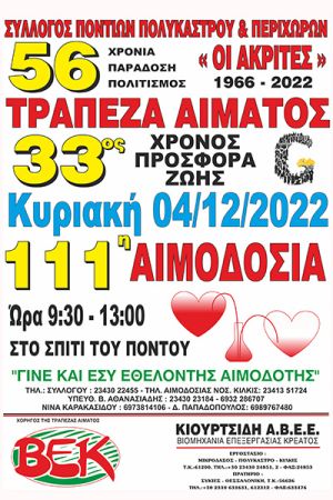 Η 111η Αιμοδοσία από την Τράπεζα Αίματος των "Ακριτών" Πολυκάστρου την Κυριακή 4/12